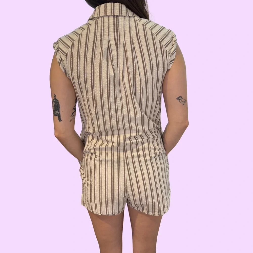 Urban Outfitters Sleeveless Striped Romper in Cream and Brown
